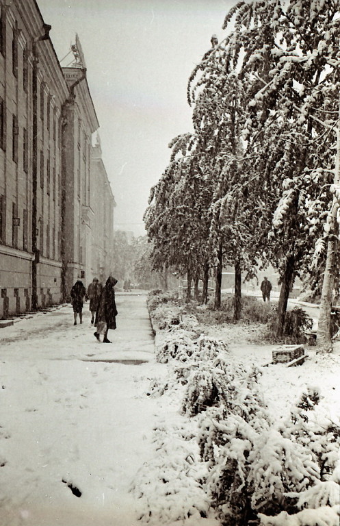 Тротуар Коммунистического проспекта зимой. Слева здание Главпочтамта