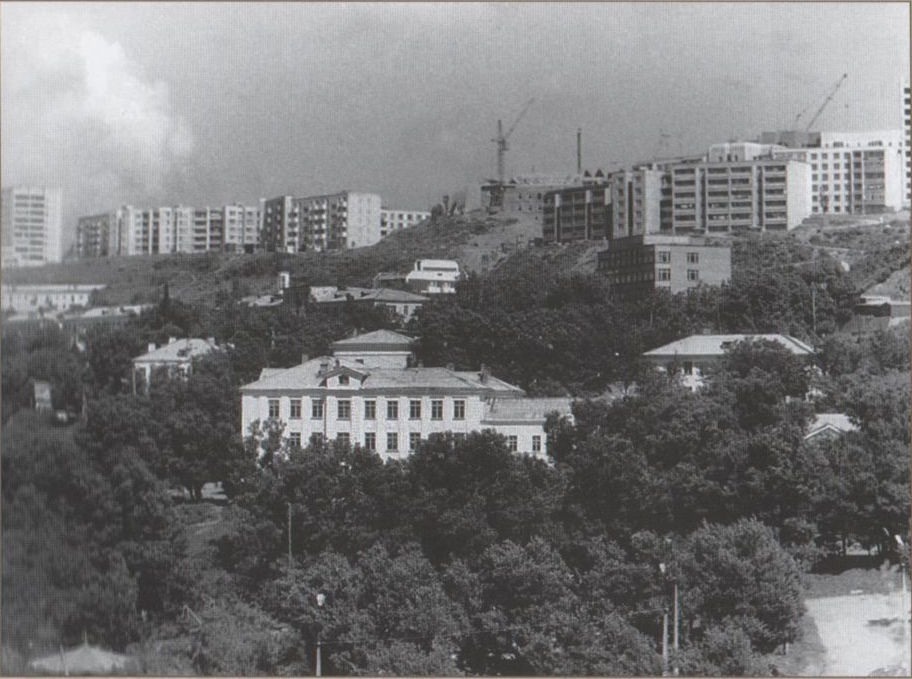 Панорама города Холмска. По центру здание техникума.