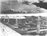 Вид с крыши кинотеатра 'Нефтяник' на юг. Сквер у кинотеатра, слева двухэтажное деревянное здание (школа № 2), центральная улица, вдали городские строения и нефтяные баки на промысле.